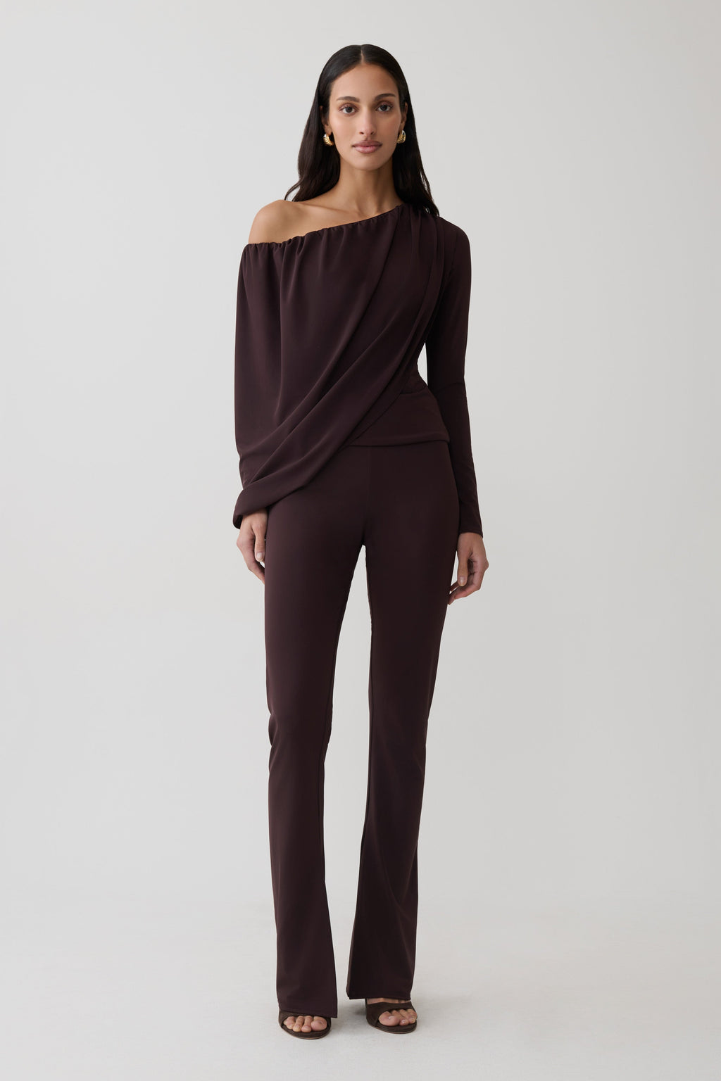 Yuri Long Sleeve Off Shoulder Draped Top - Chocolate