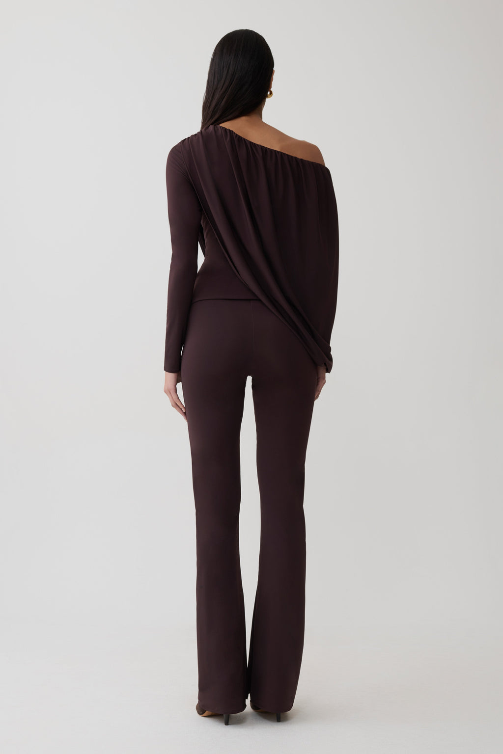 Yuri Long Sleeve Off Shoulder Draped Top - Chocolate