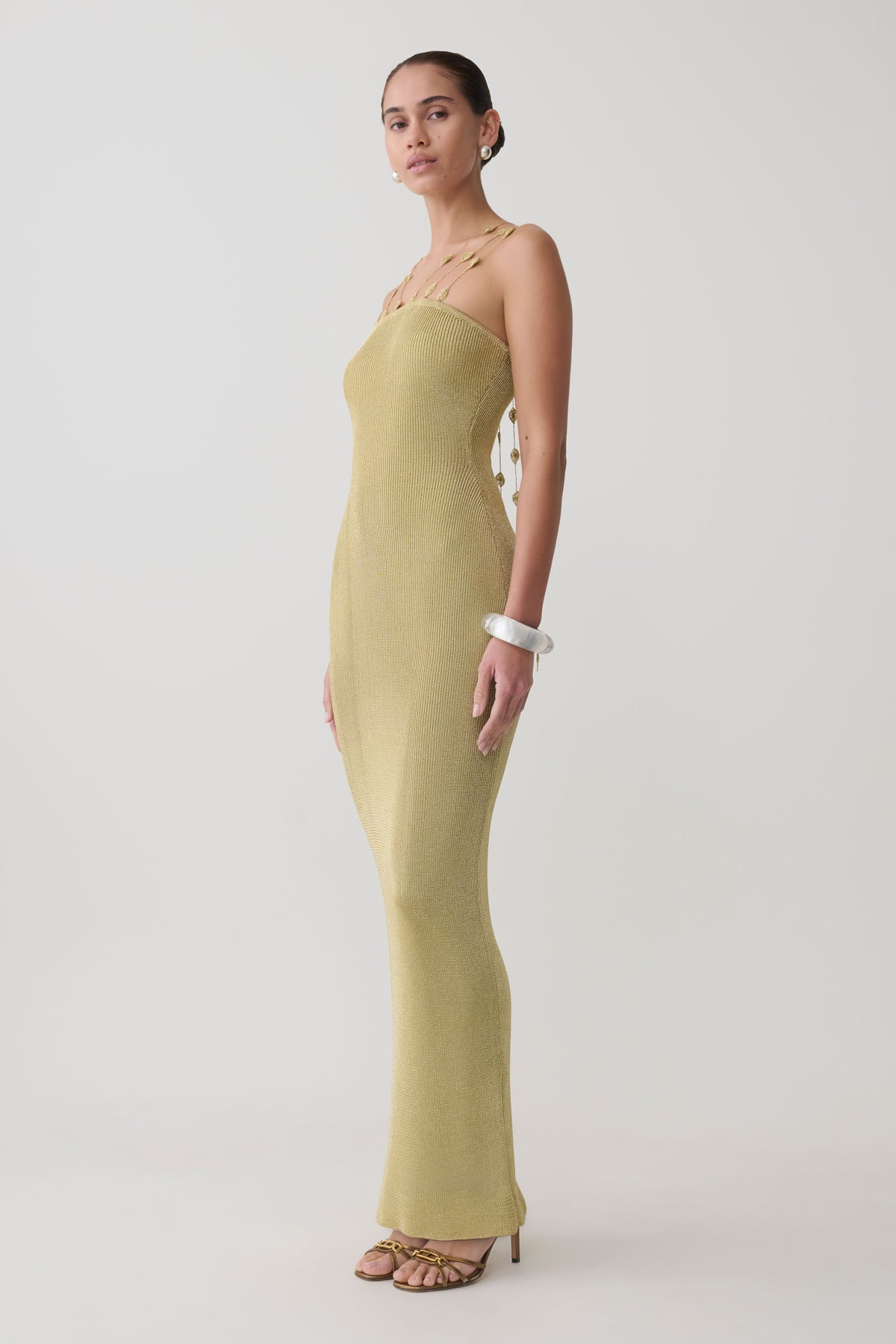 Shami Lurex Maxi Dress With Flowers - Gold