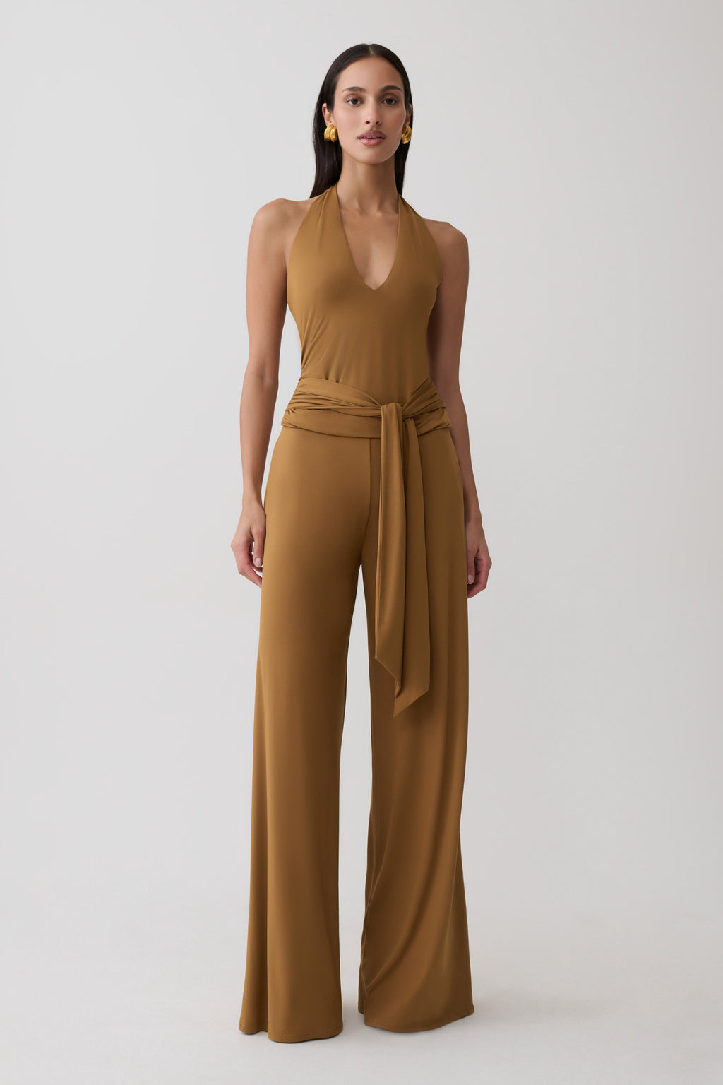 Krysh Wide Leg Peached Jersey Pants - Caramel