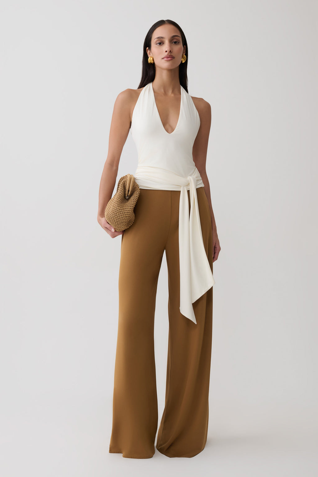 Krysh Wide Leg Peached Jersey Pants - Caramel