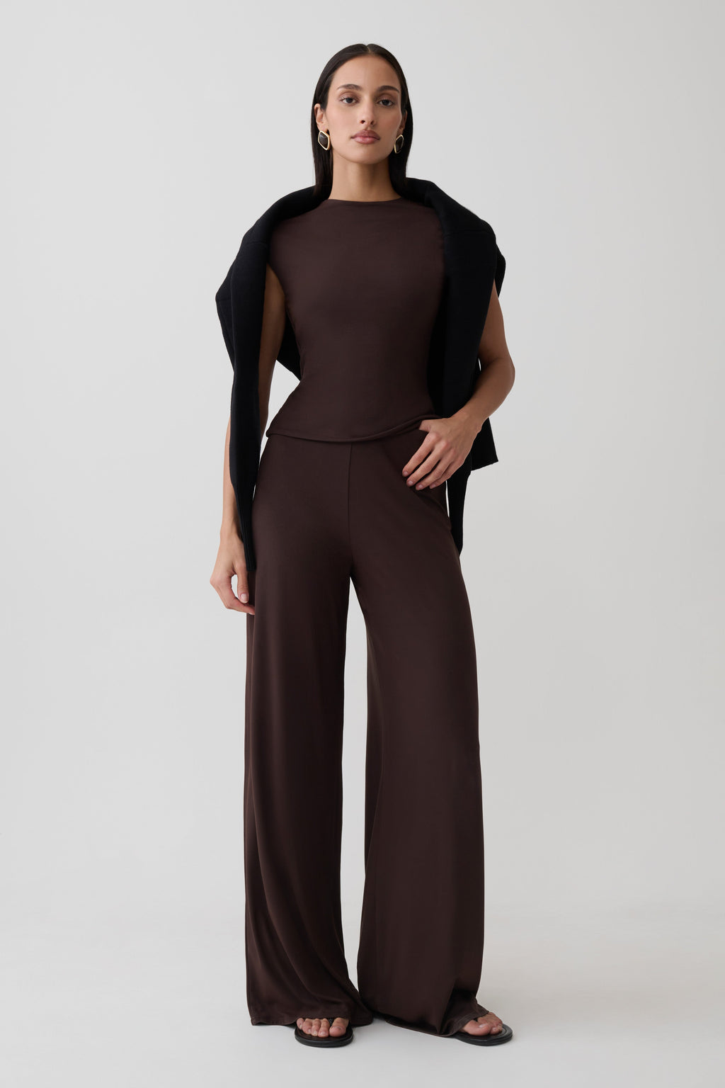 Krysh Wide Leg Peached Jersey Pants - Chocolate