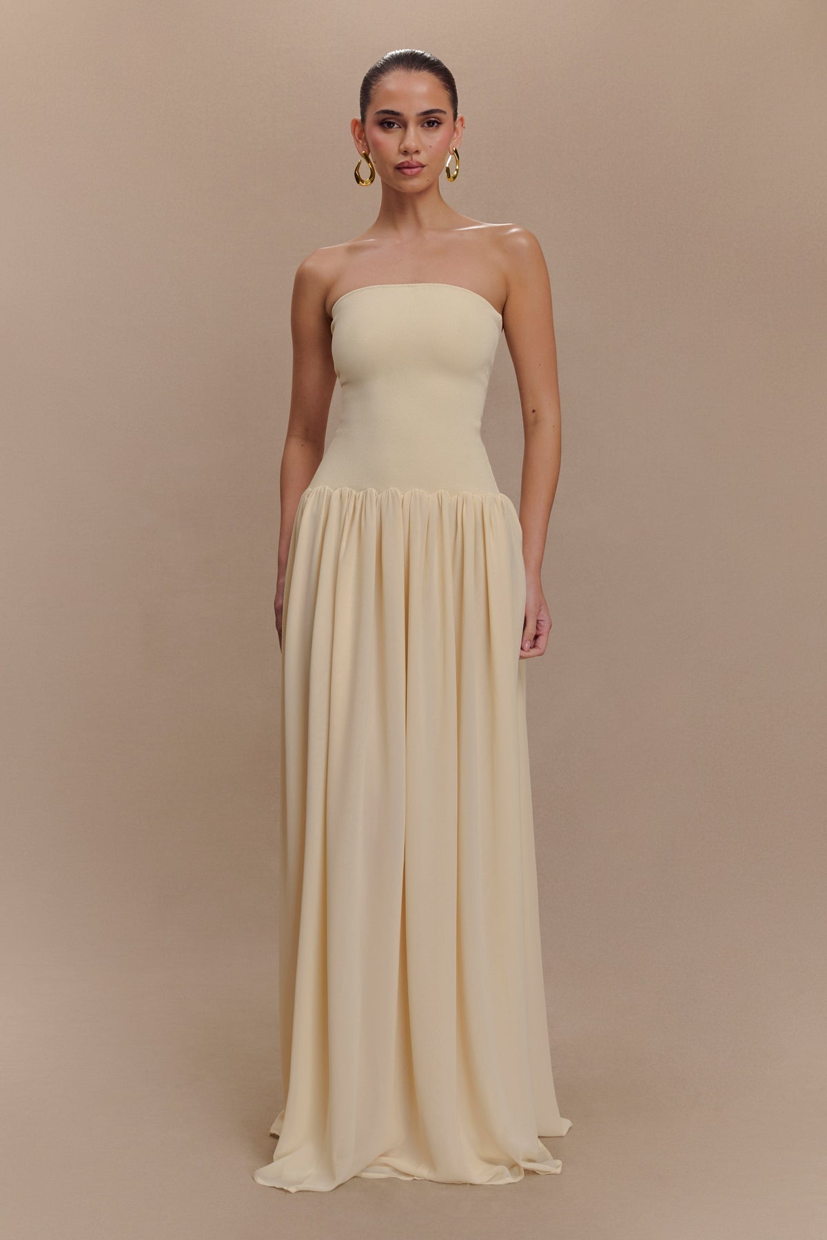 Lyanna Knit And Chiffon Strapless Maxi Dress - Cream