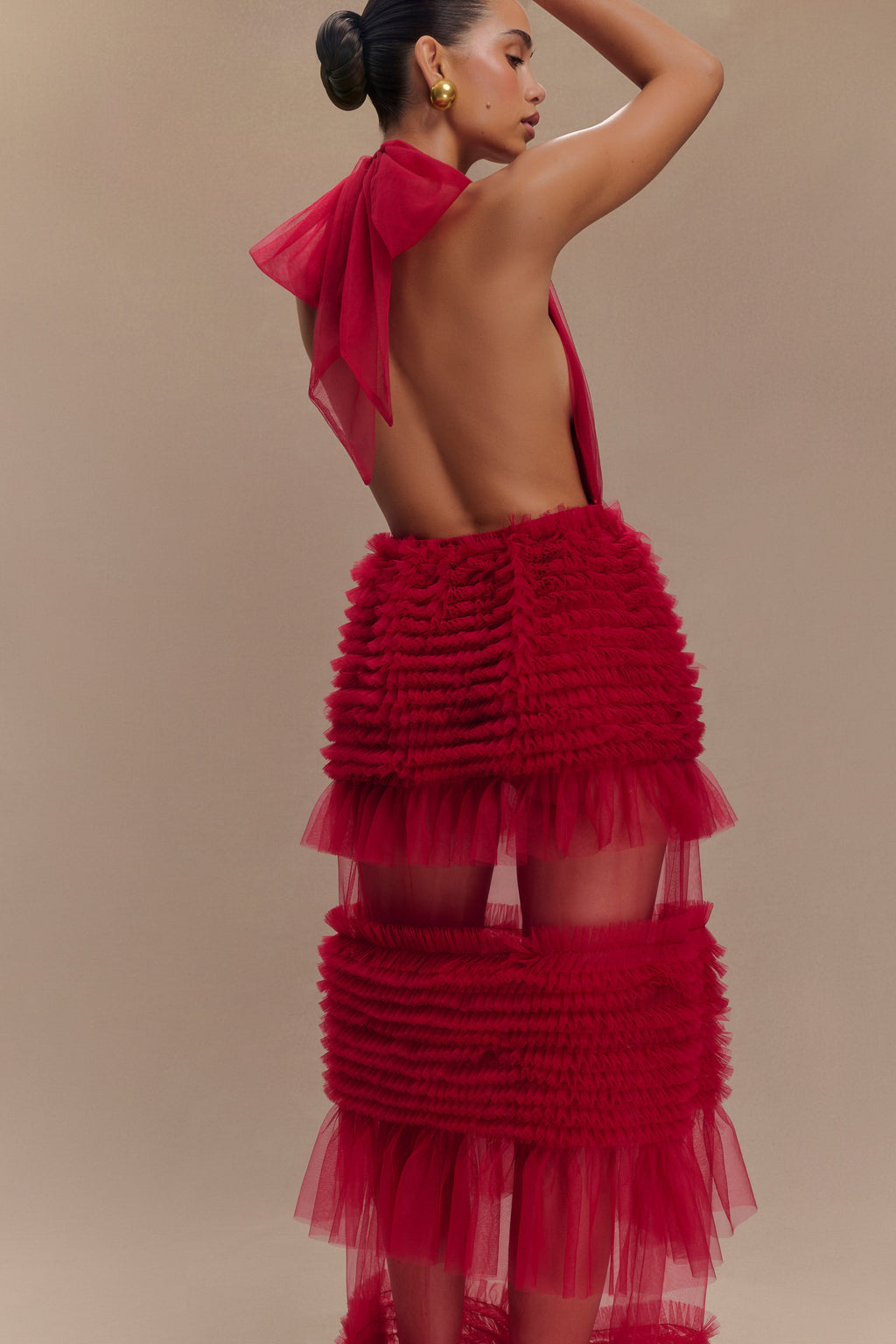 Minka Mesh Ruffle Halter Maxi Dress - Red