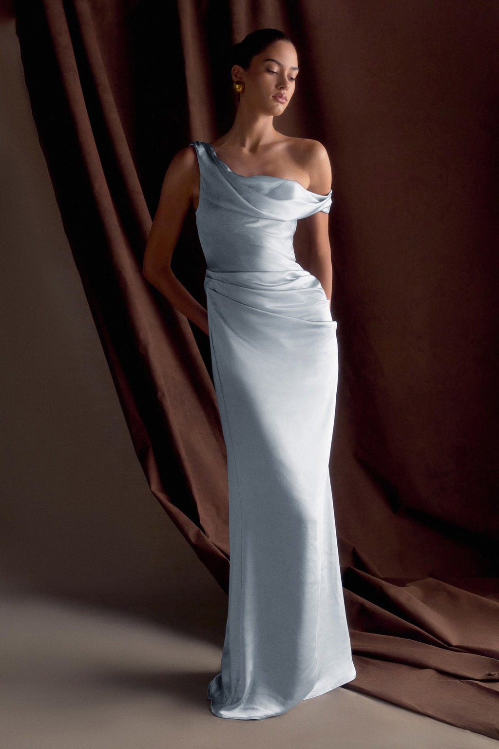 Dalia Off Shoulder Satin Maxi Dress - Frosted Blue