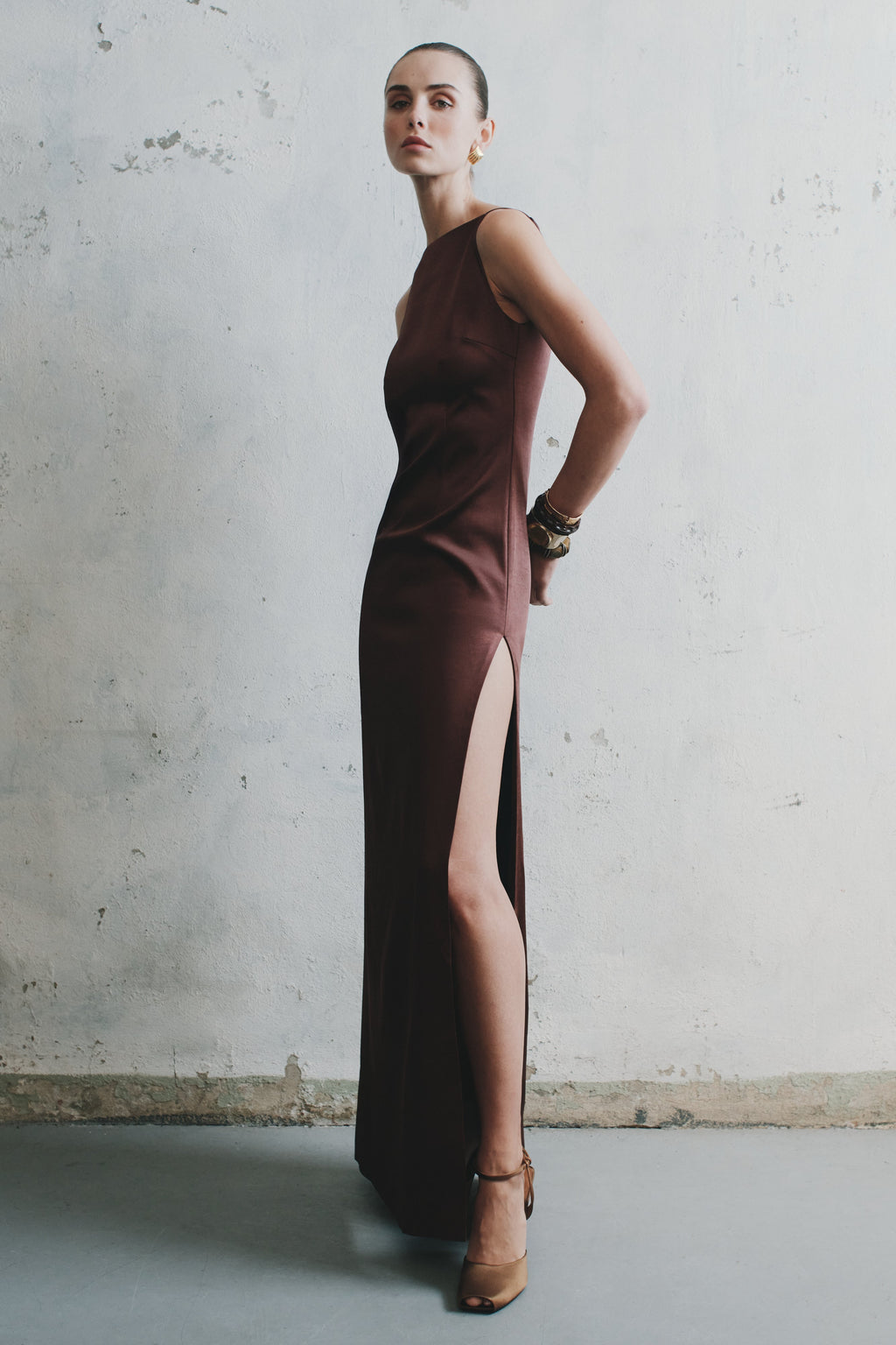 Violet Sleeveless Satin Maxi Dress - Dark Chocolate