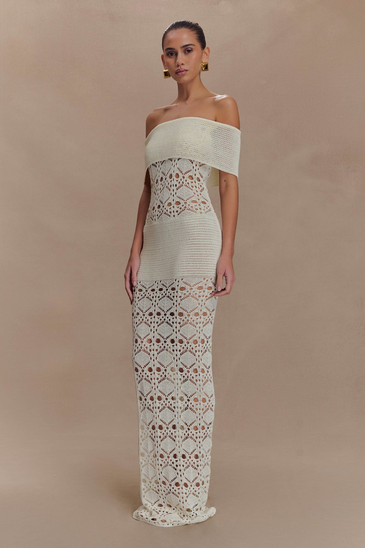 Solstice Off Shoulder Crochet Knit Maxi Dress - Ivory