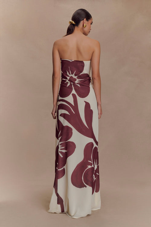 Amaya Strapless Chiffon Maxi Dress - Brown Deco Fleur Print