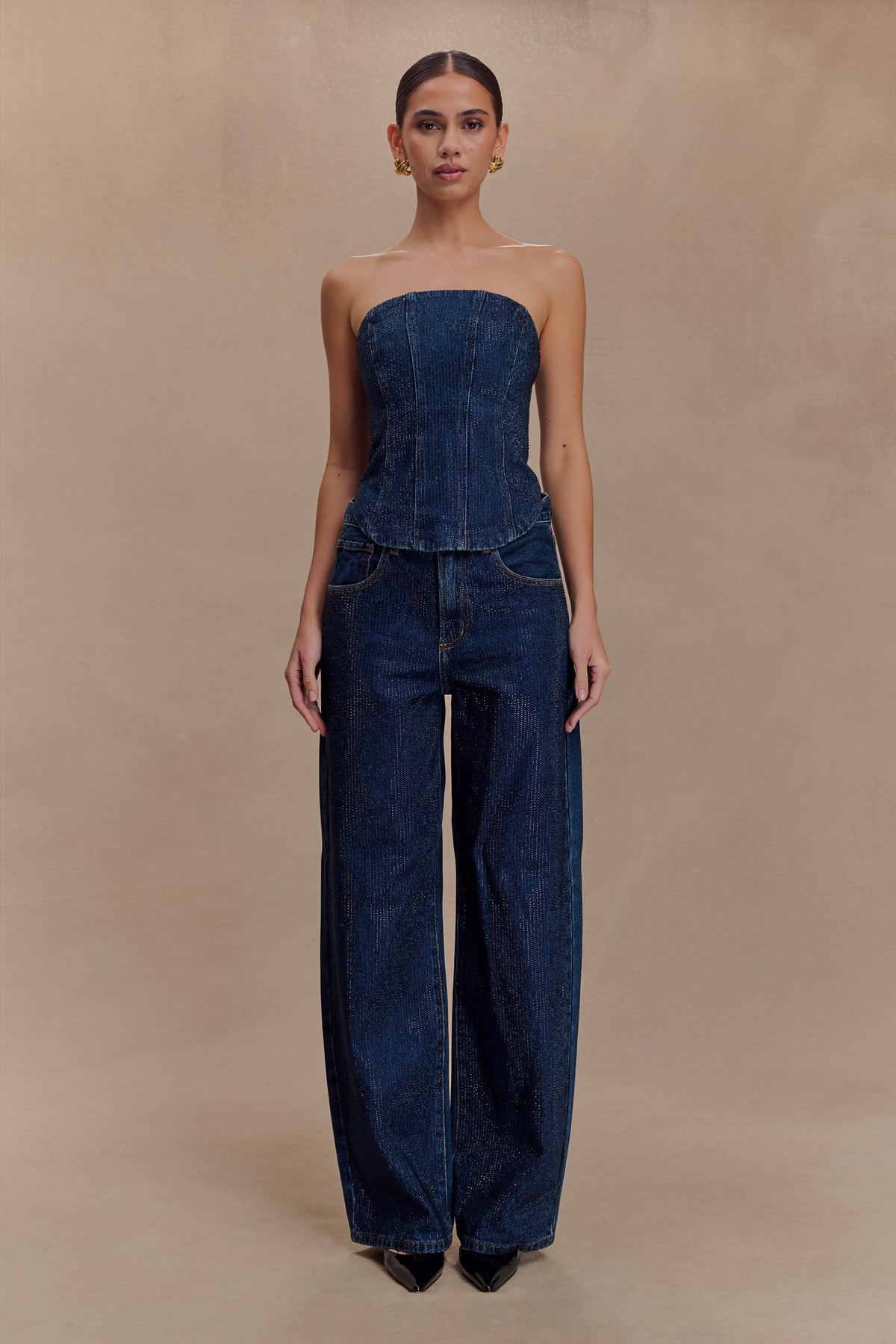 Laina Mid Rise Diamante Denim Jeans - Midnight Blue