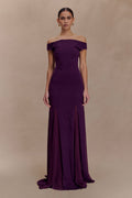 Nesta Embroidery Off Shoulder Knit Dress - Plum