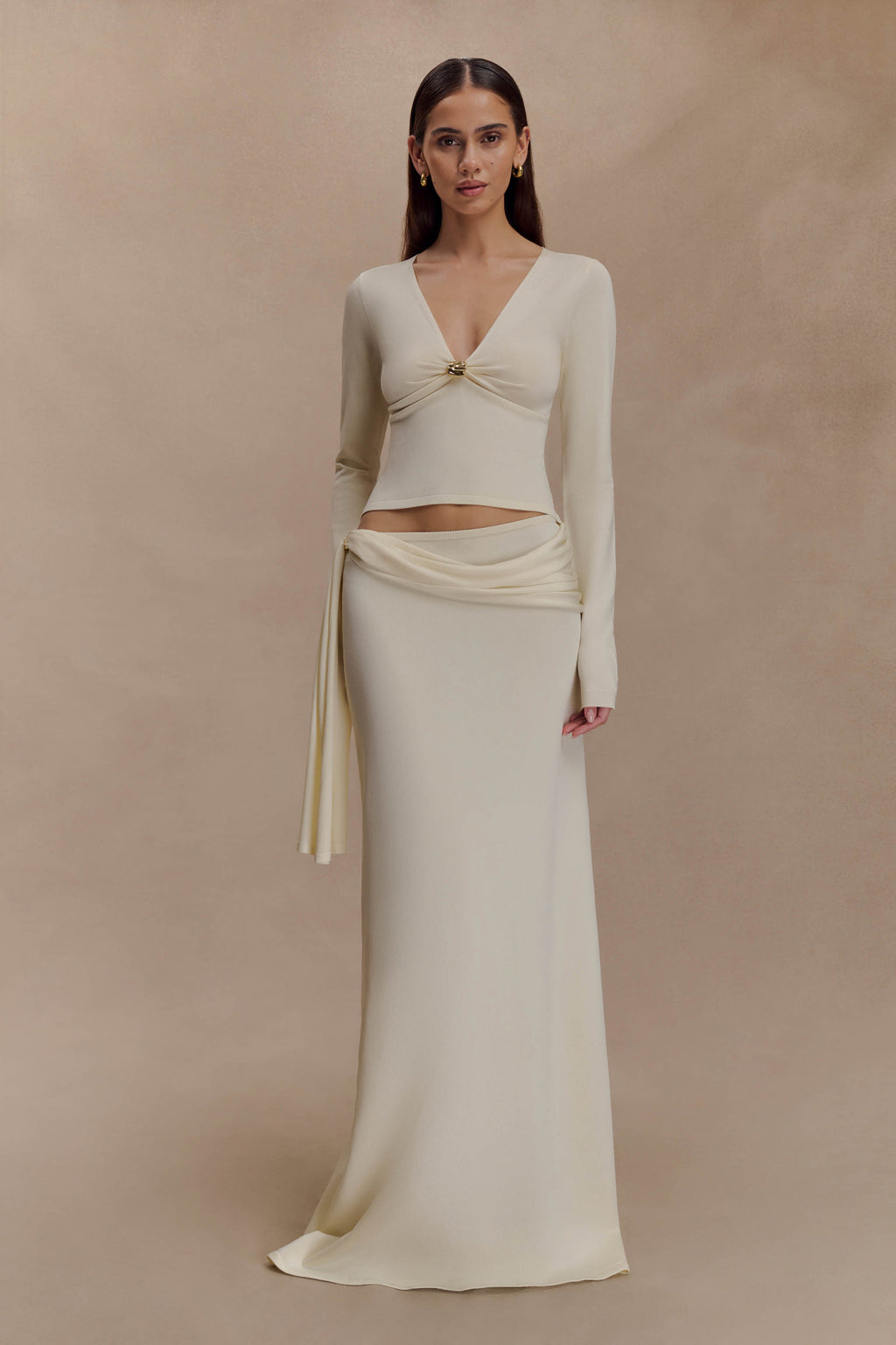 Miraby Front Ruched Knit Long Sleeve Top - Ivory