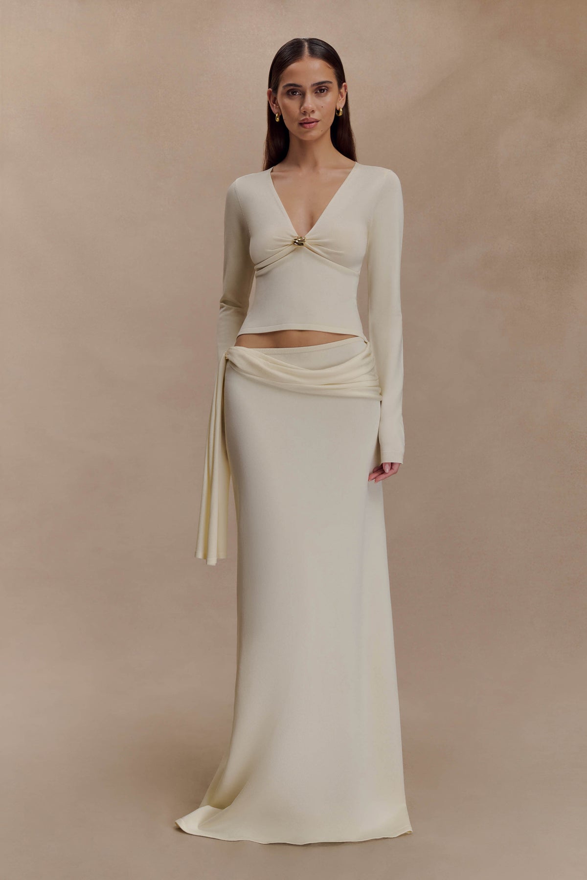 Miraby Front Ruched Knit Long Sleeve Top - Ivory