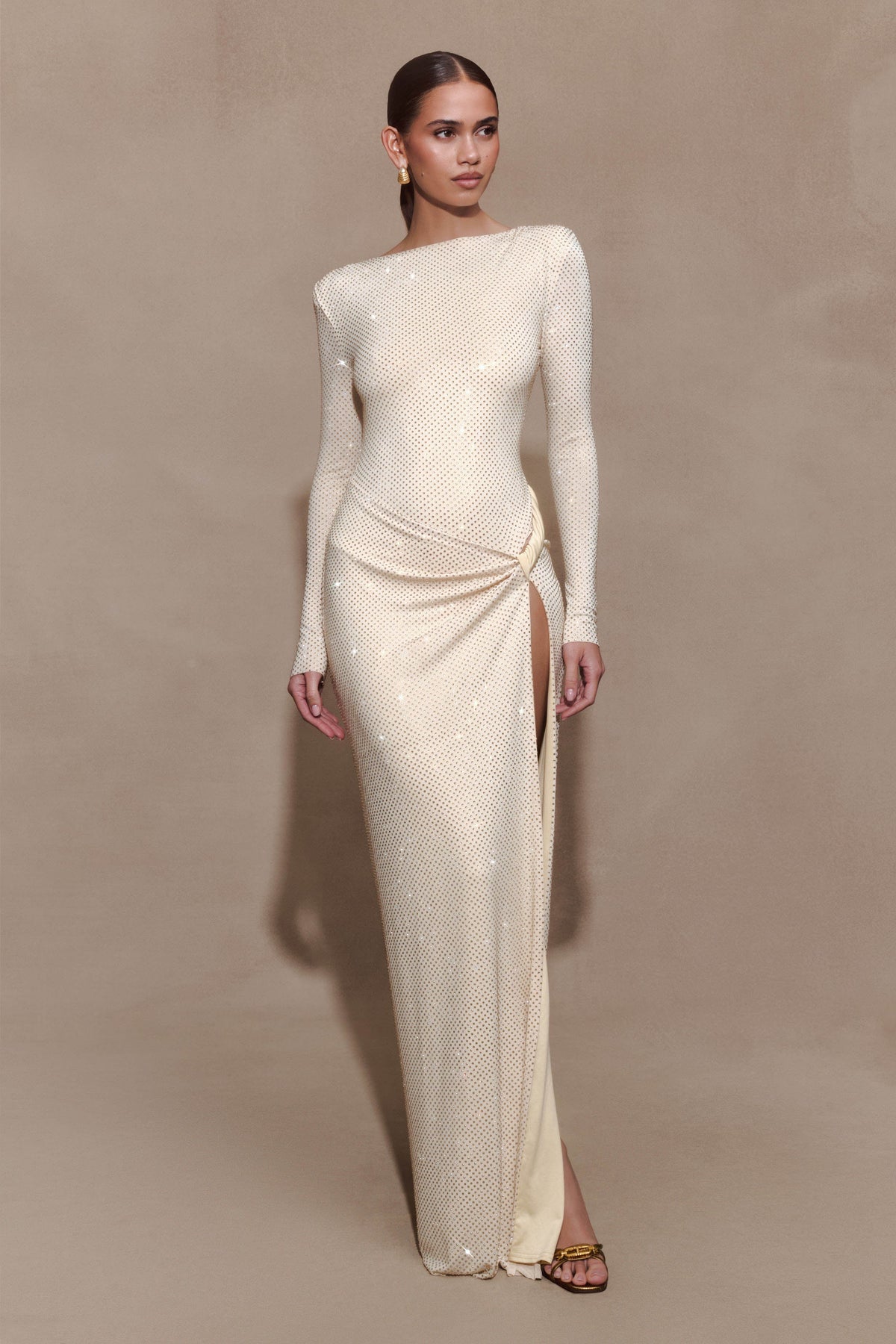 Deanna Long Sleeve Diamante Maxi Dress - Gold