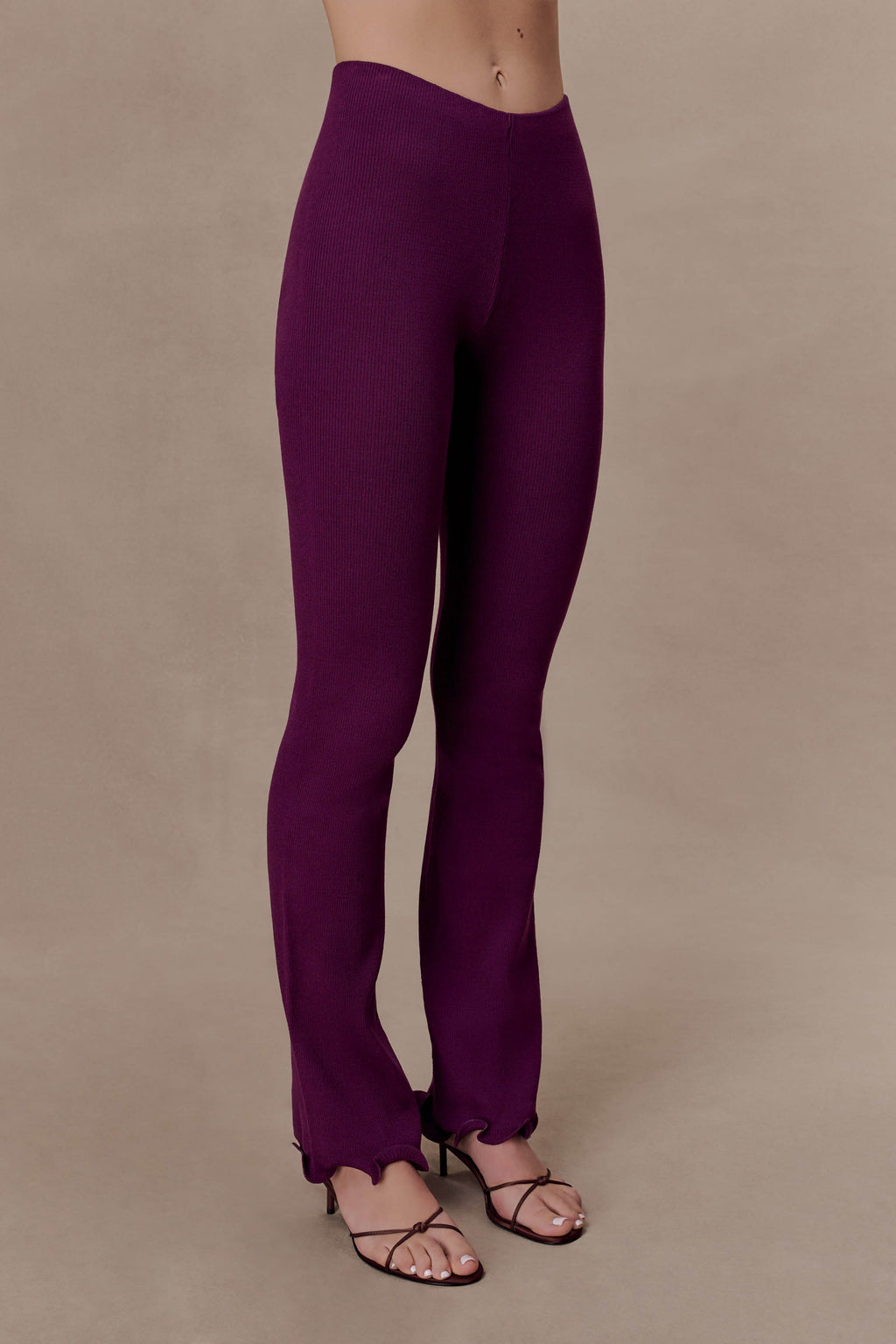 Diya Ribbed High Waisted Pants With Wire Hem - Plum
