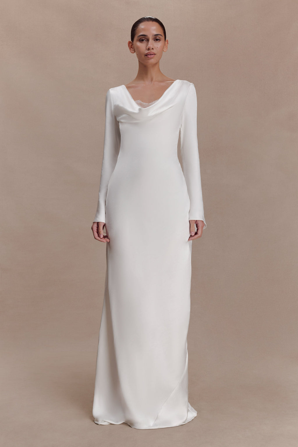 Eliza Long Sleeve Cowl Lace And Satin Maxi Dress - Ivory