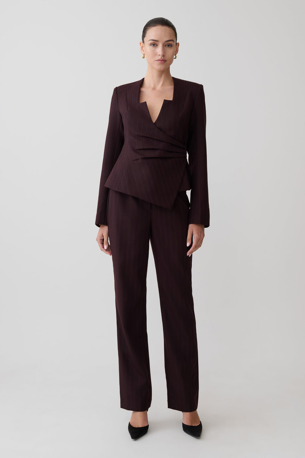 Agatha Straight Leg Suiting Pants - Plum Pinstripe