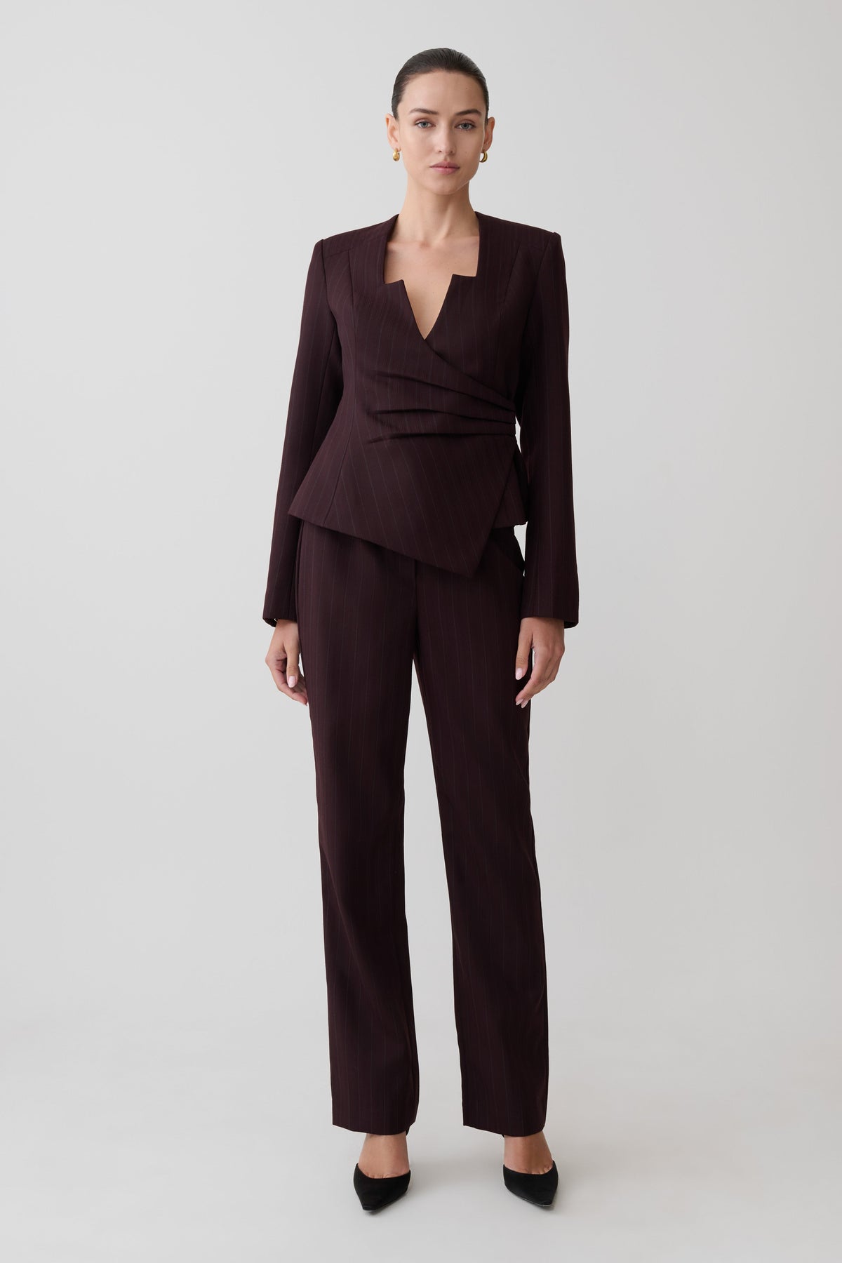 Agatha Straight Leg Suiting Pants - Plum Pinstripe