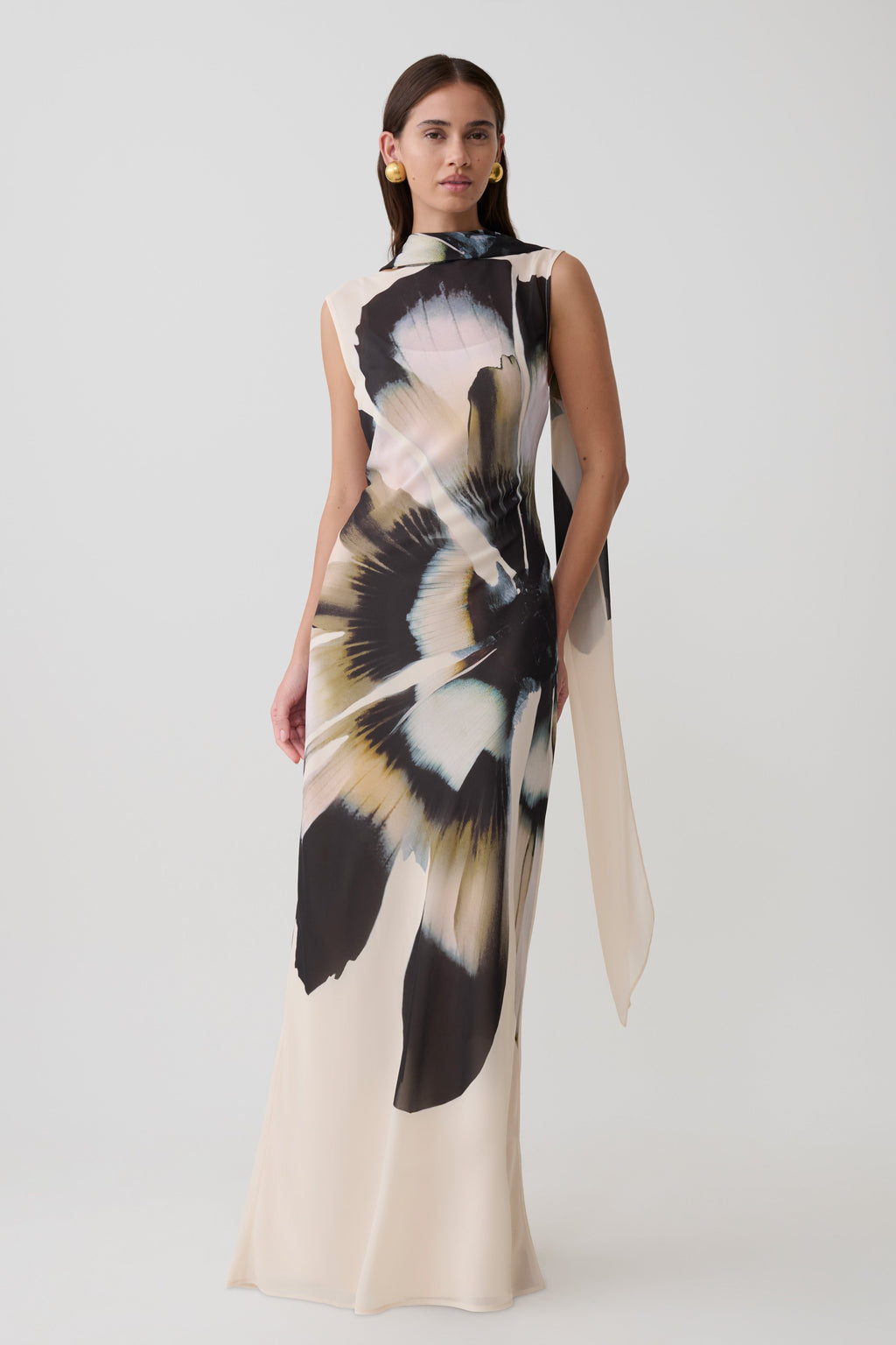 Dakota Chiffon Maxi Dress With Scarf - Ivory Oversized Floral Print