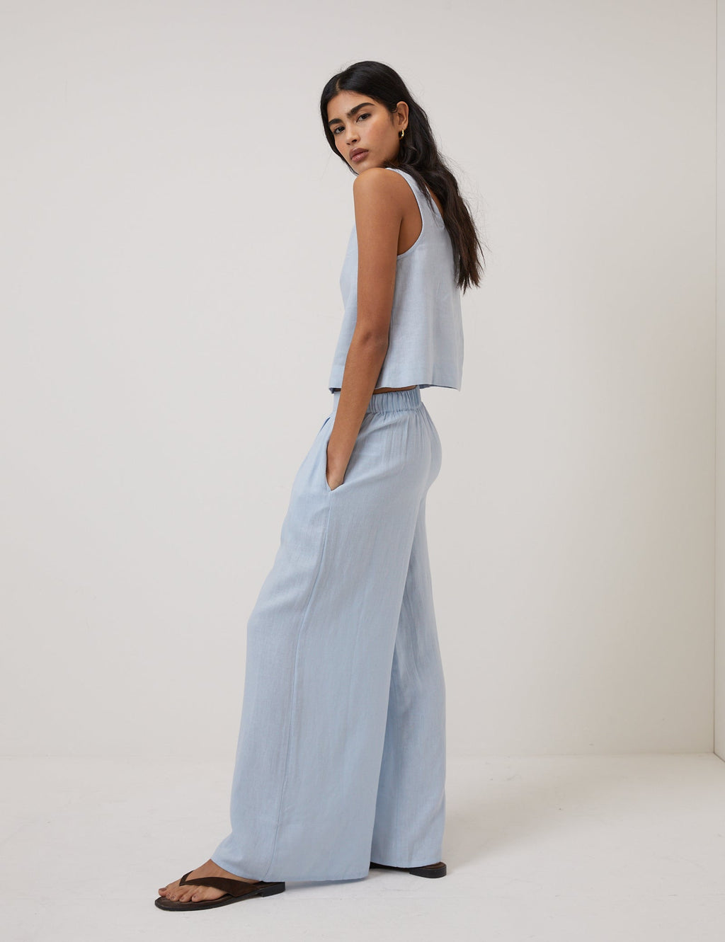 Light Blue Linen-Rich Wide Leg Trousers