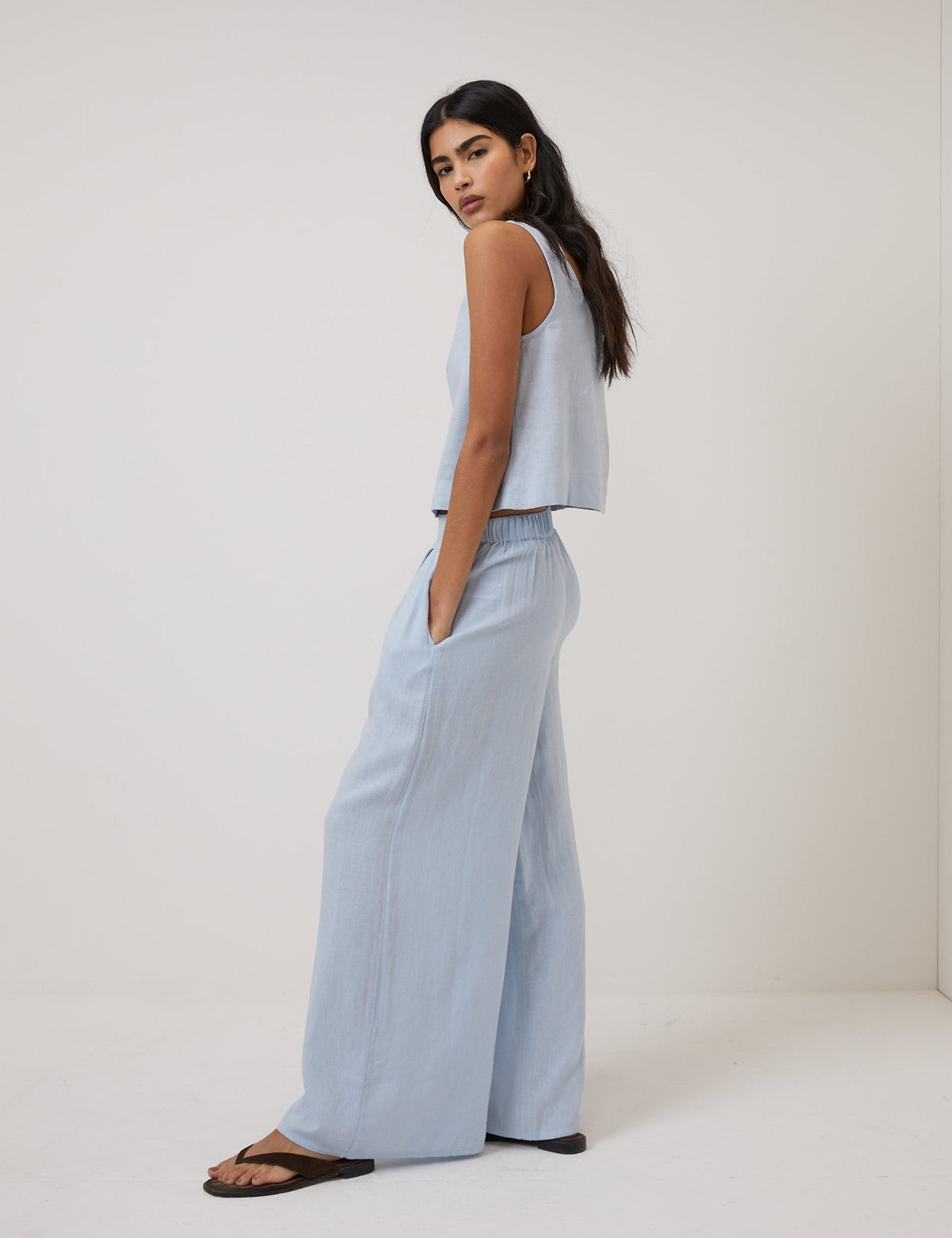 Light Blue Linen-Rich Wide Leg Trousers