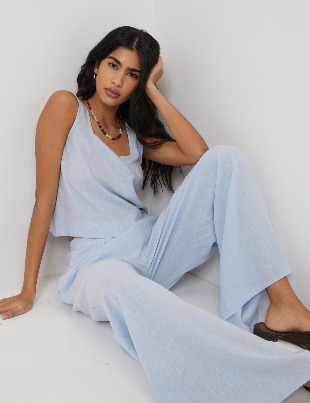 Light Blue Linen-Rich Wide Leg Trousers