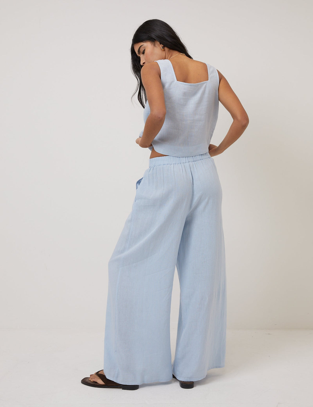 Light Blue Linen-Rich Wide Leg Trousers