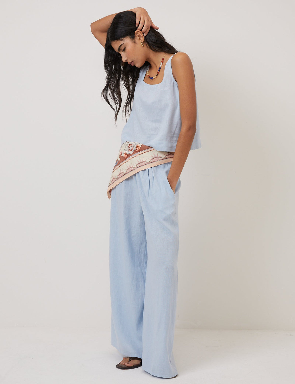Light Blue Linen-Rich Wide Leg Trousers