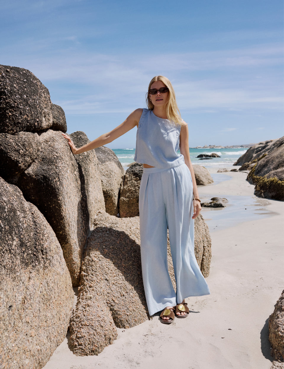 Light Blue Linen-Rich Wide Leg Trousers