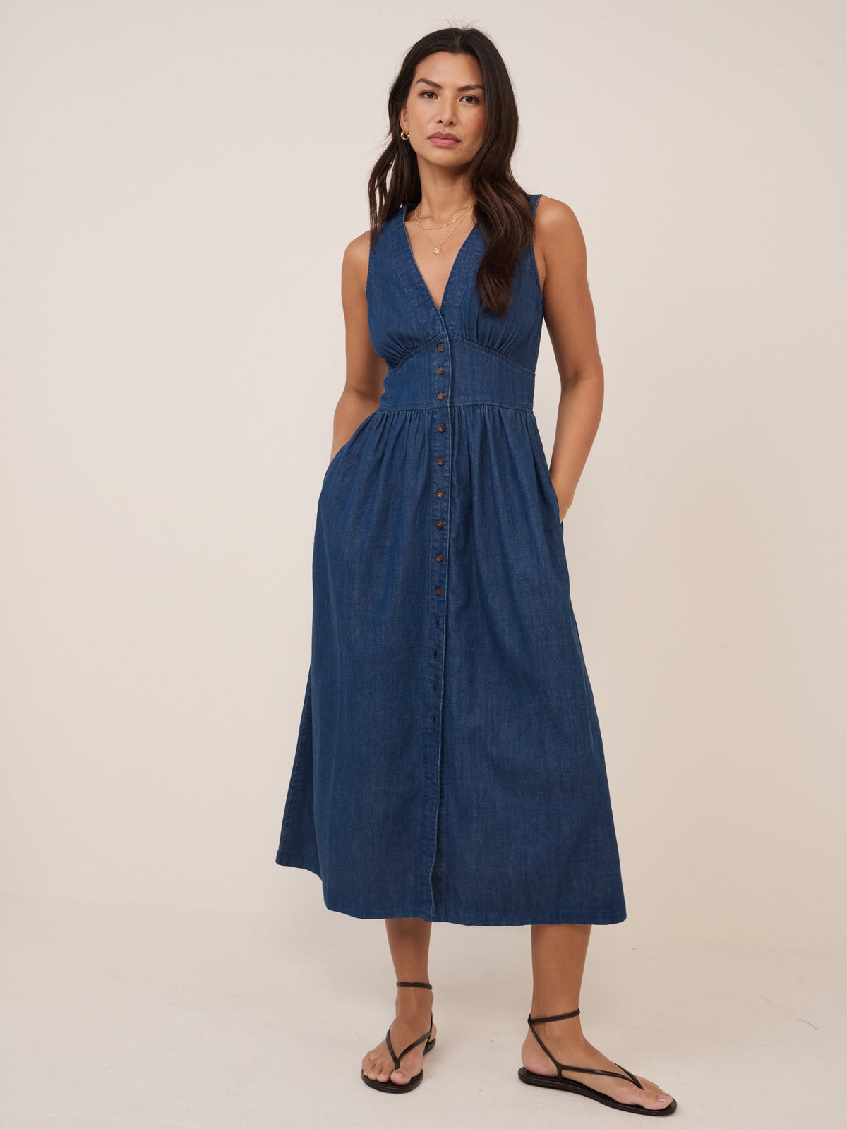Dark Blue Denim Sleeveless Starlight Midi Dress