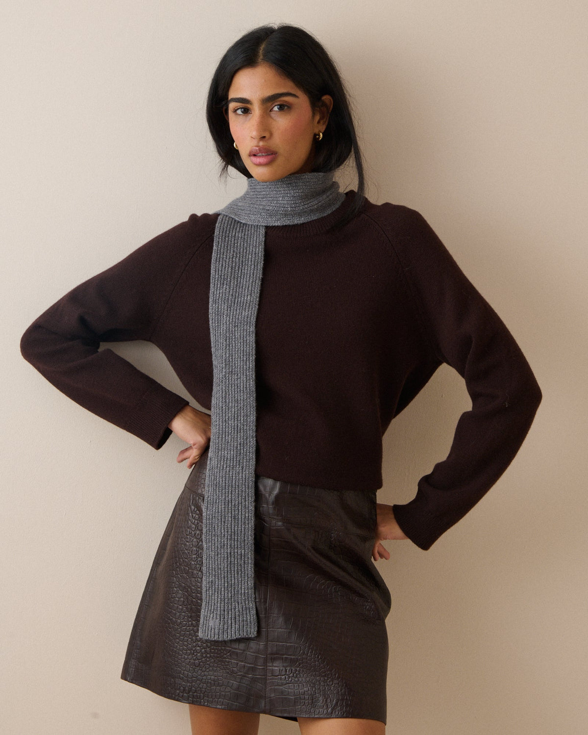 Grey Wool-Blend Skinny Scarf
