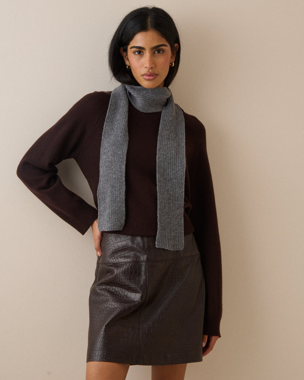 Grey Wool-Blend Skinny Scarf