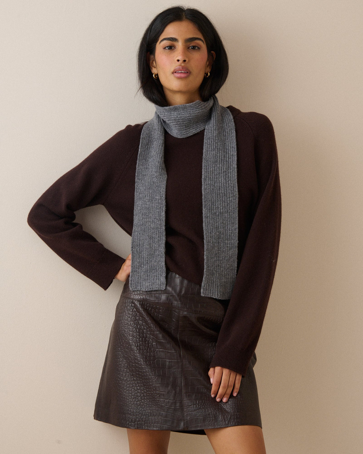 Grey Wool-Blend Skinny Scarf