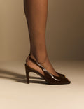 Chocolate Brown Leather Peep Toe Sling Back Heels