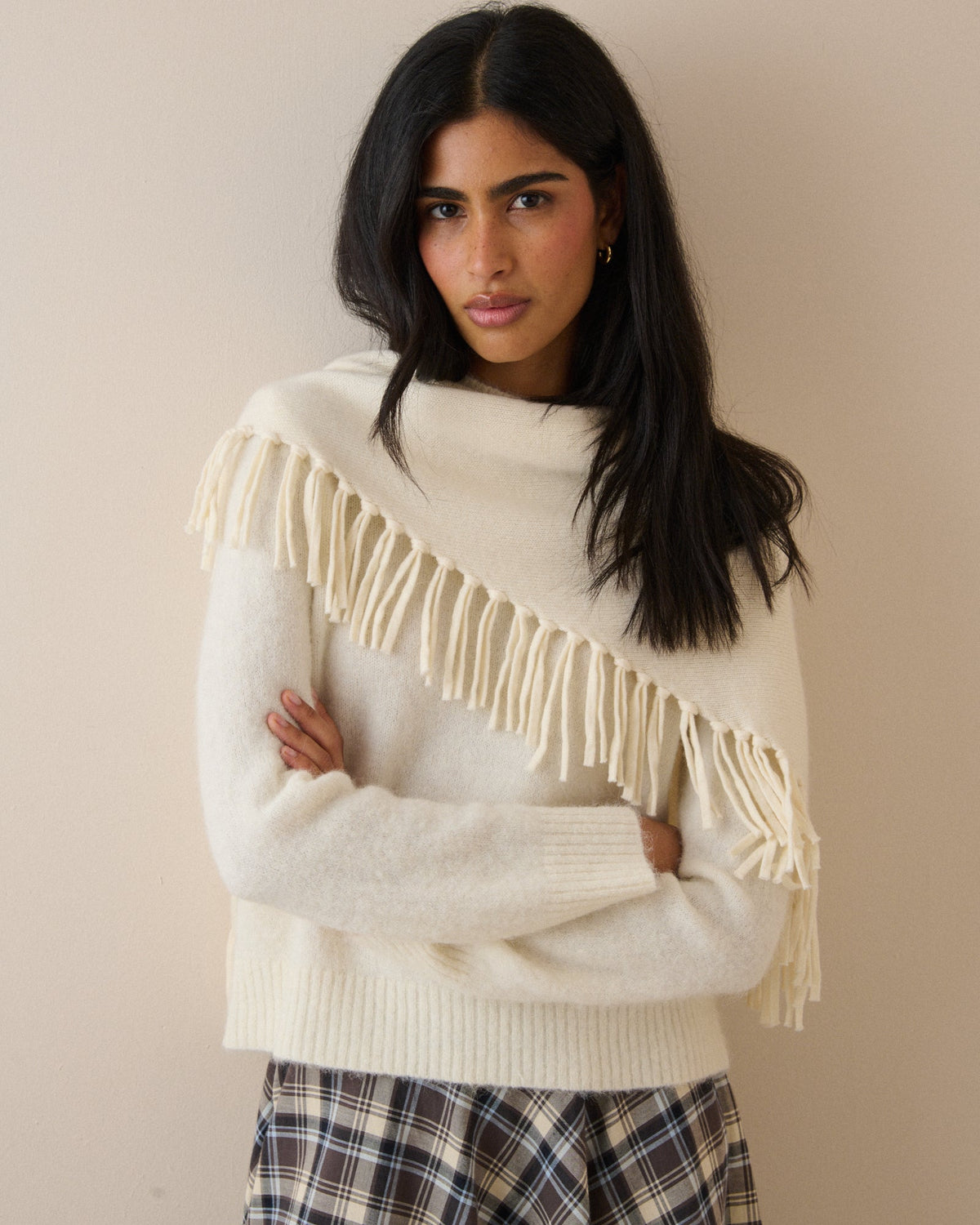 Cream Fringe Wool-Blend Triangle Scarf