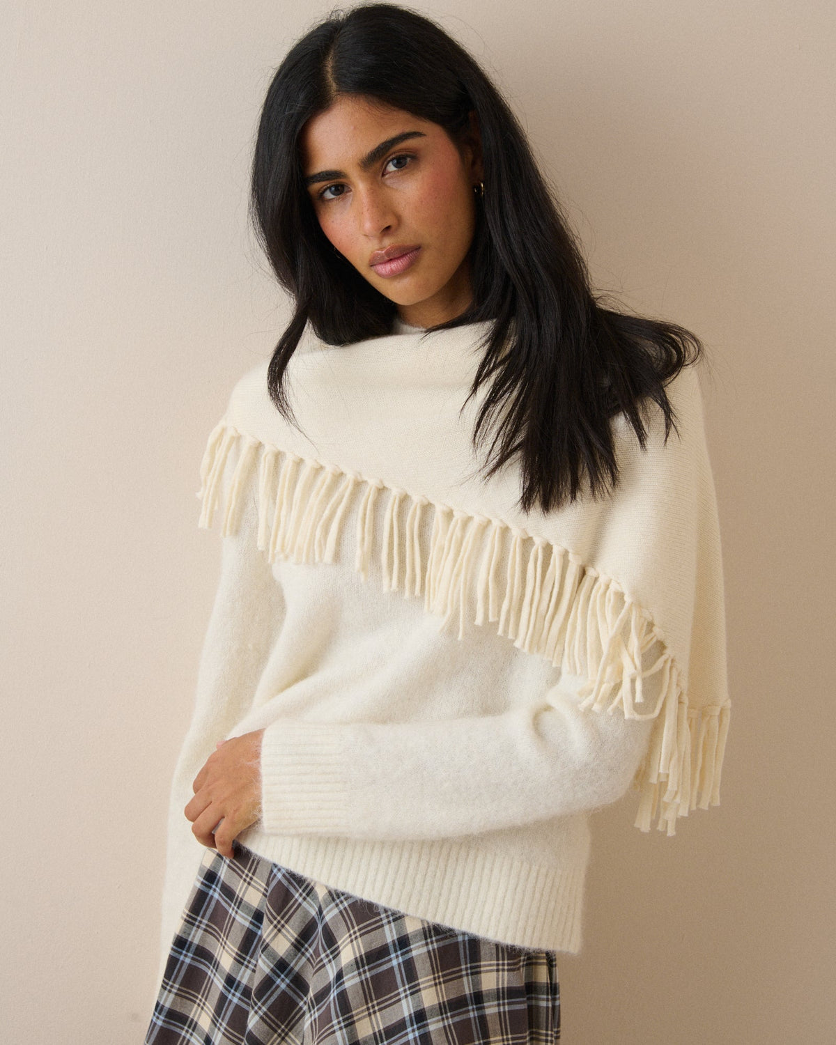 Cream Fringe Wool-Blend Triangle Scarf