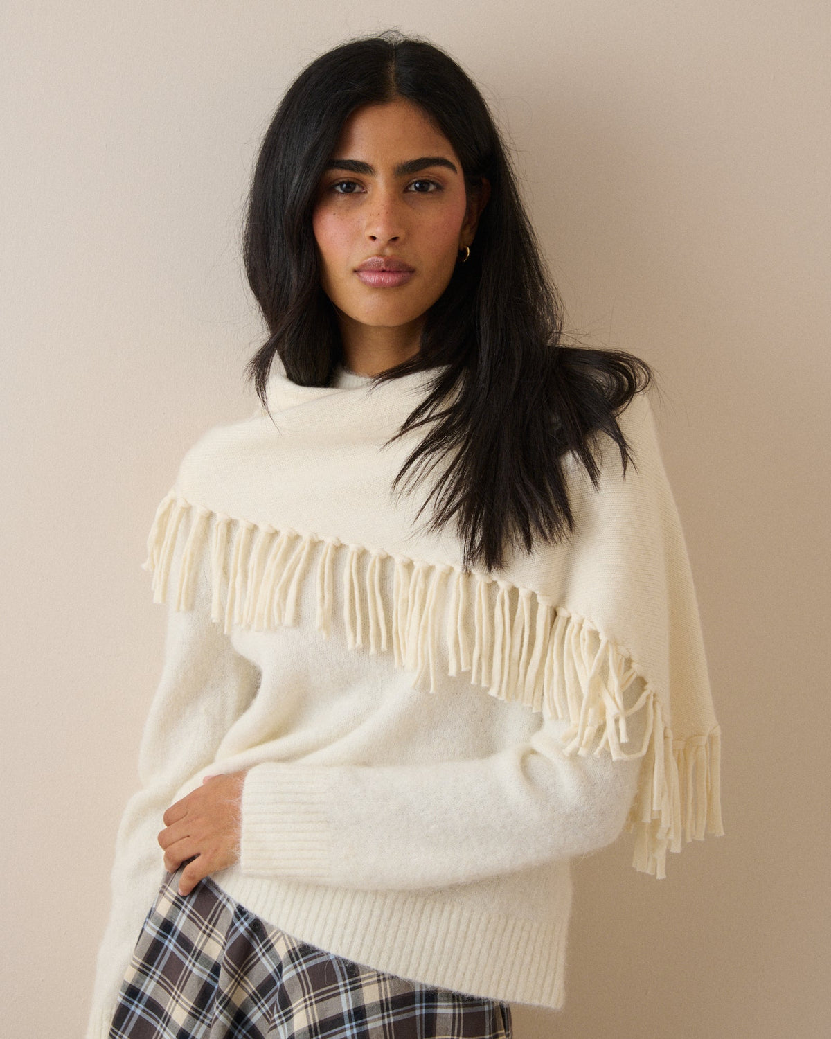 Cream Fringe Wool-Blend Triangle Scarf