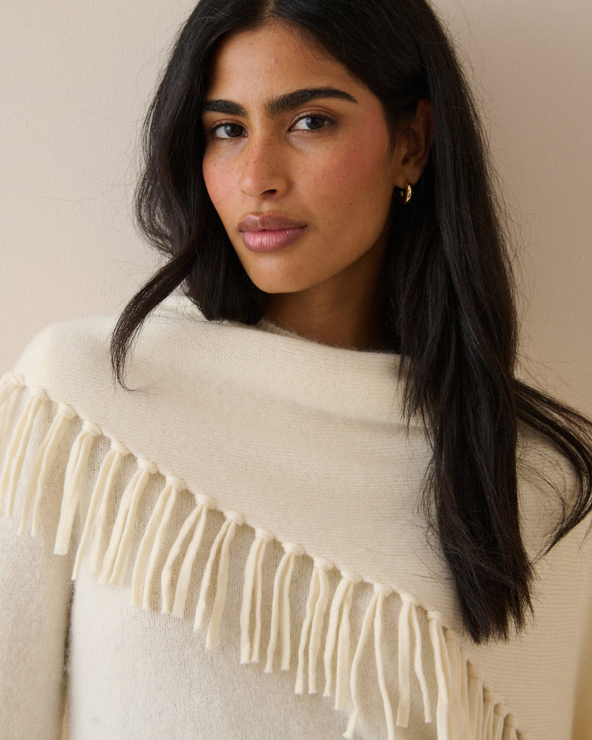 Cream Fringe Wool-Blend Triangle Scarf