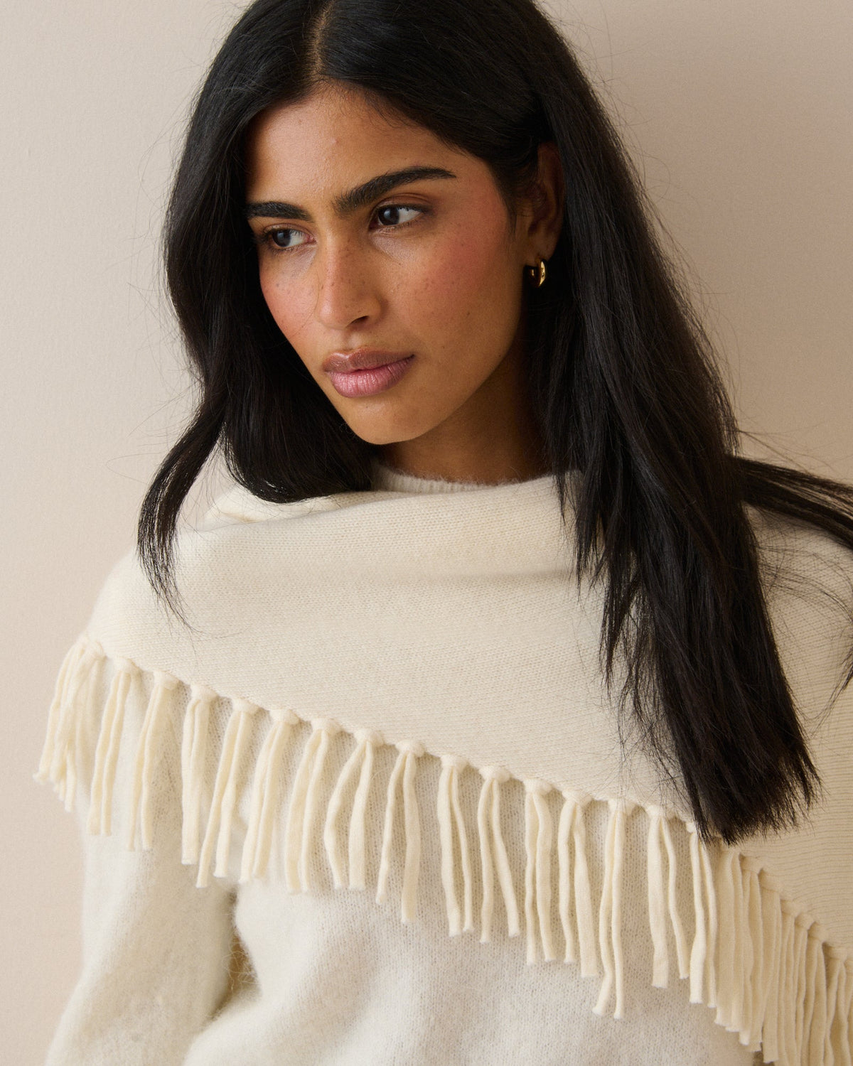 Cream Fringe Wool-Blend Triangle Scarf
