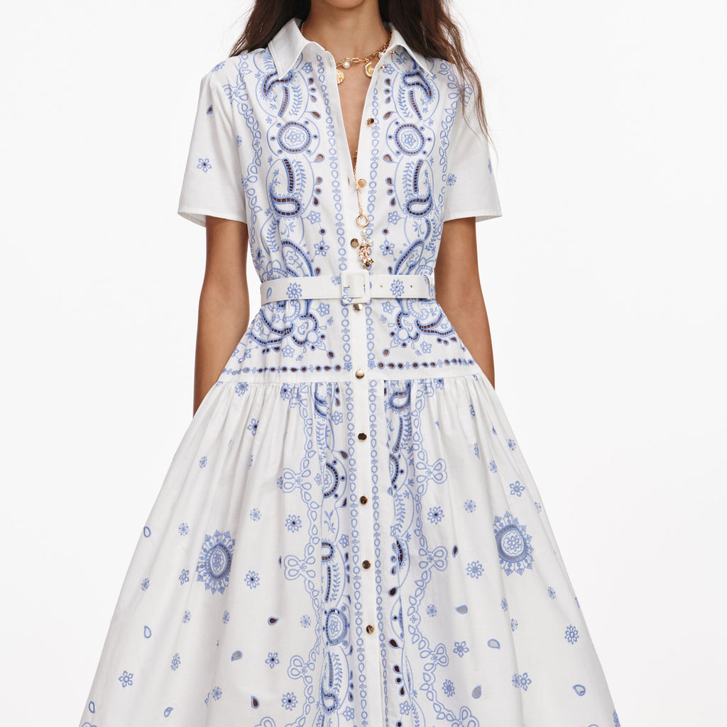 White And Blue Embroidered Midi Dress