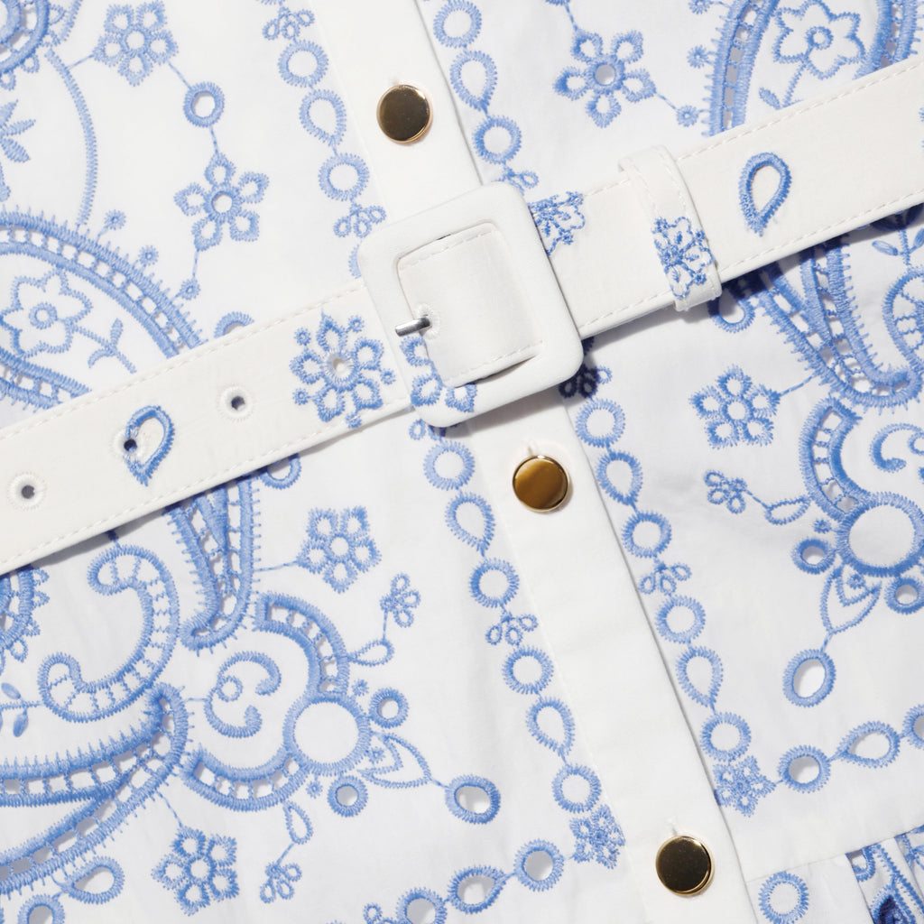 White And Blue Embroidered Midi Dress