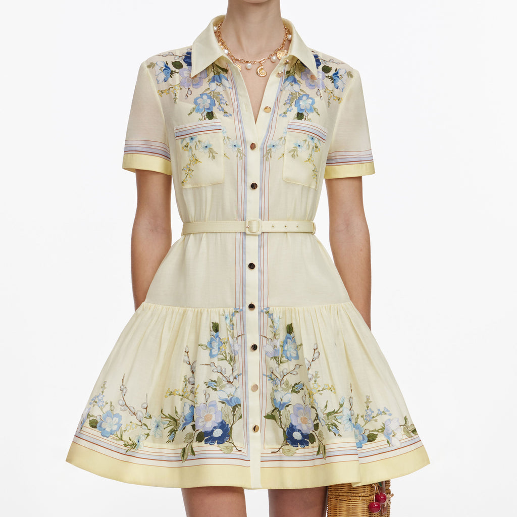 Yellow Floral Organza Mini Dress