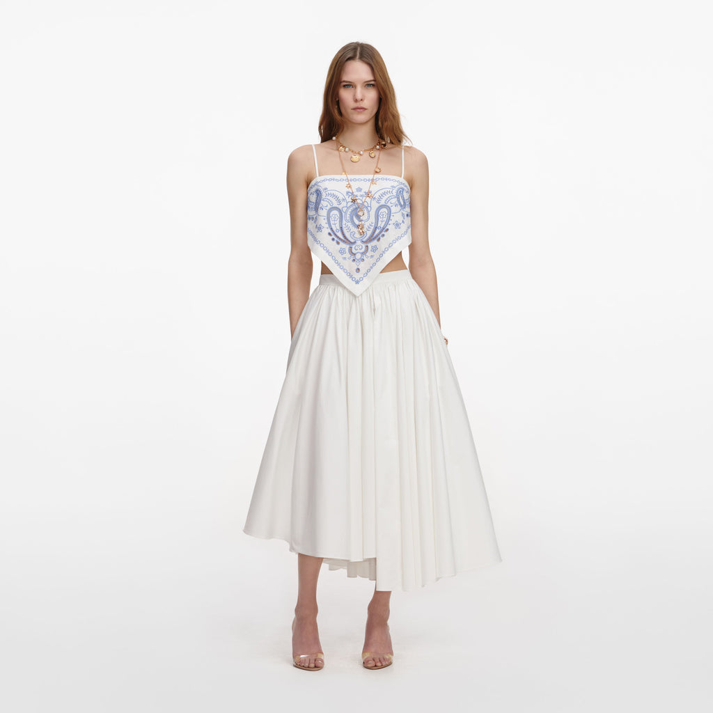 White And Blue Embroidered Linen Top