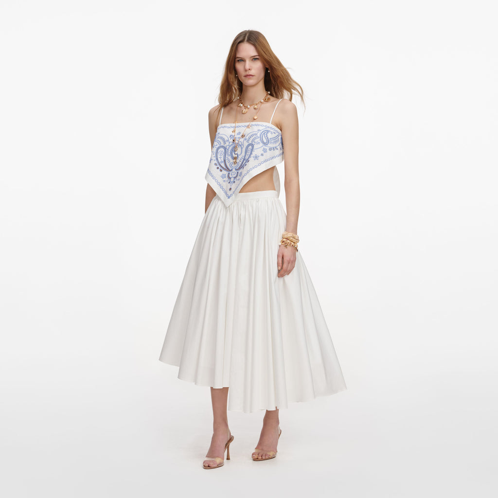 White And Blue Embroidered Linen Top