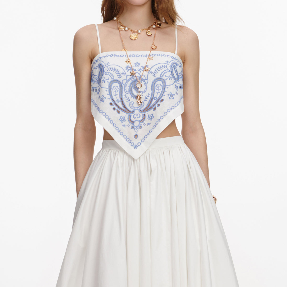 White And Blue Embroidered Linen Top