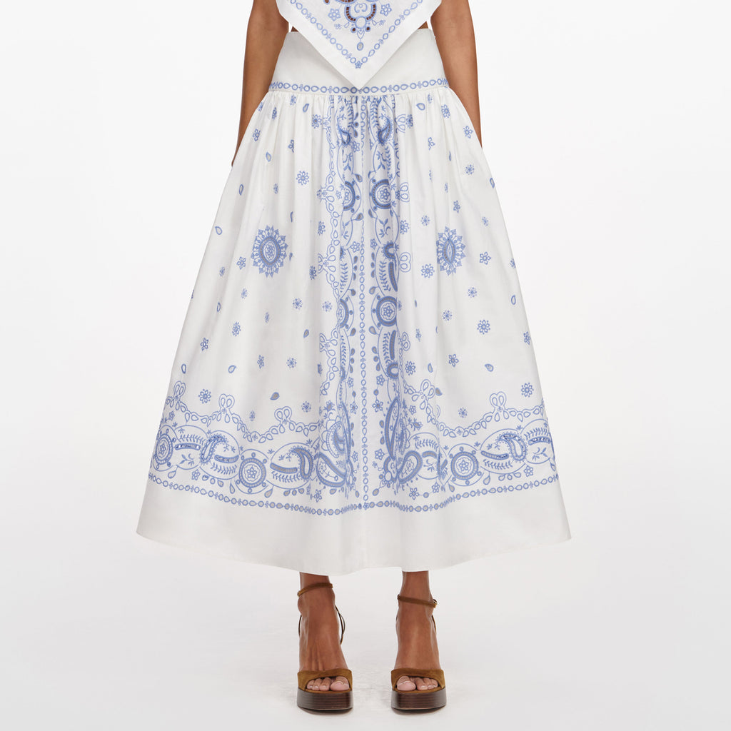 White And Blue Embroidered Midi Skirt