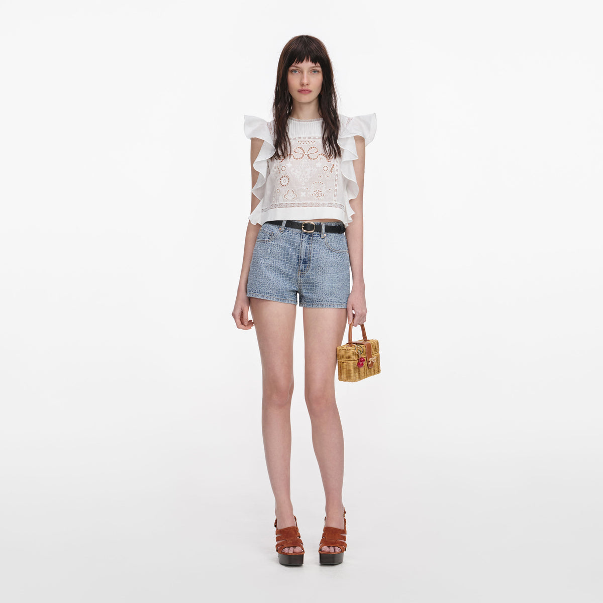 White Ramie Lace Frill Top