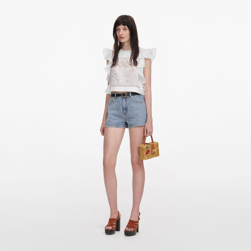 White Ramie Lace Frill Top
