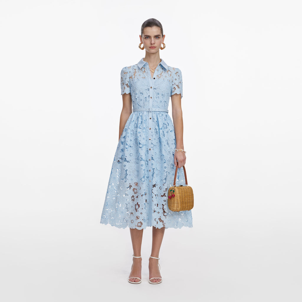 Blue Lace Collared Midi Dress