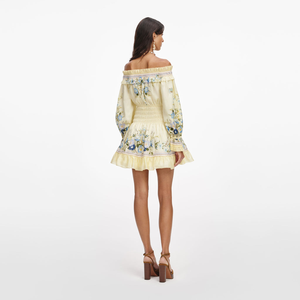 Yellow Floral Organza Ruffle Mini Dress