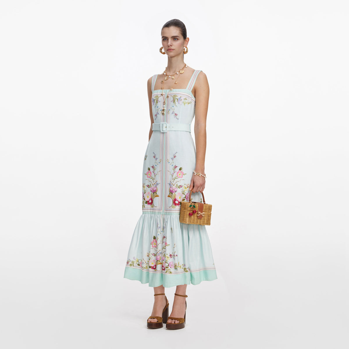 Mint Floral Linen Midi Dress